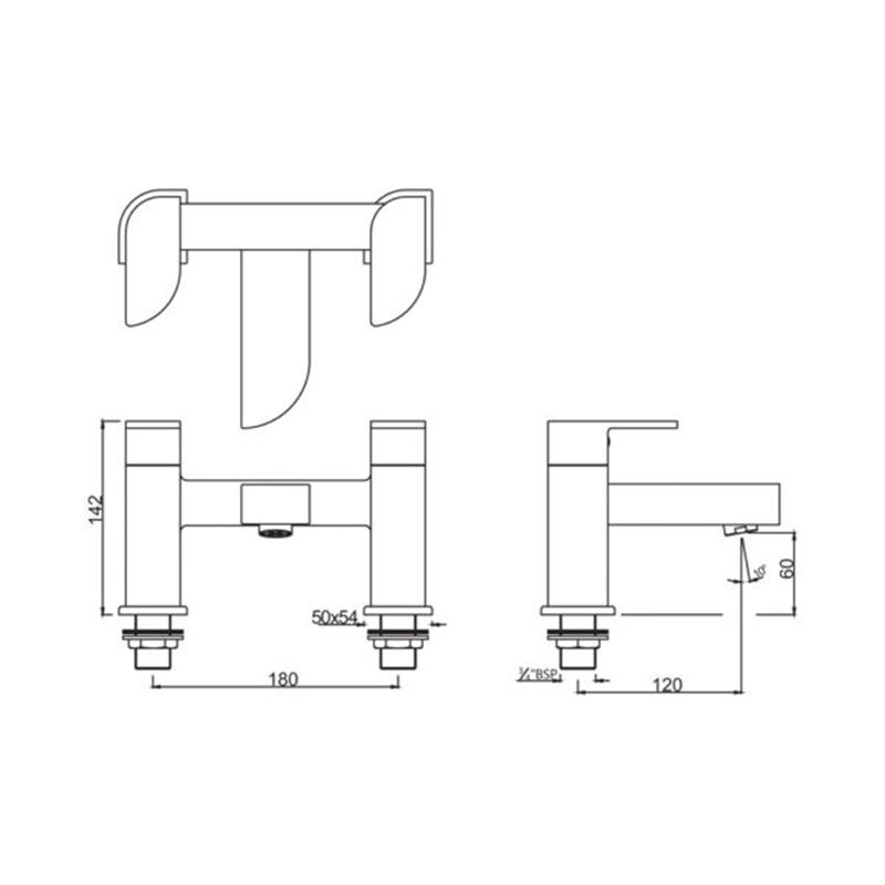 Alive 2 Hole H Type Bath Filler Specification Diagram