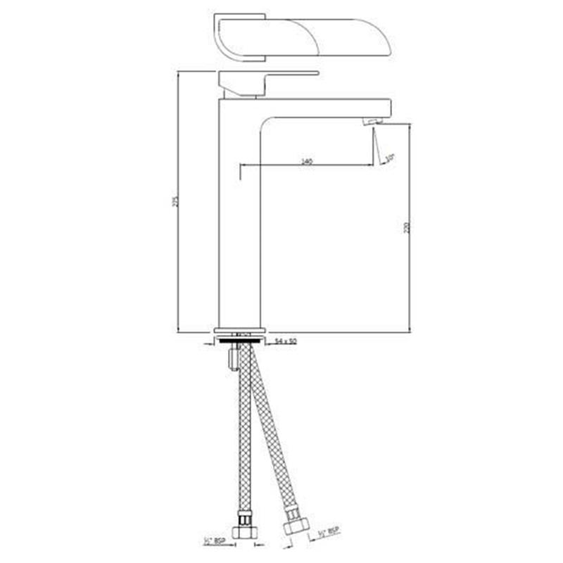 Alive Single Lever High Neck Basin Mixer (125mm Extension Body) Without Popup Waste, with 600mm Long Braided Hoses, HP 1.0 Specification Diagram