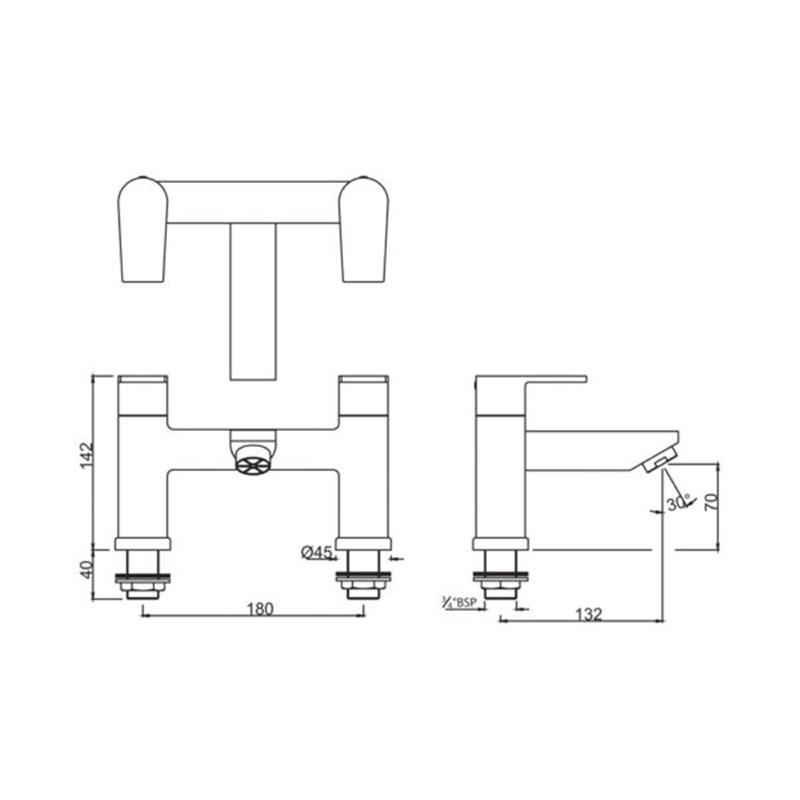 Aria 2 Hole H Type Bath Filler Specification Diagram