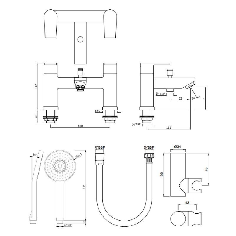 Aria 2 Hole H Type Bath and Shower Mixer with Shower Kit Specification Diagram