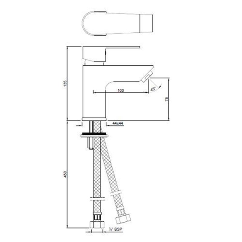 Aria Single Lever Extended Basin Mixer (Height-95mm) without Popup Waste & 375mm Long Braided Hoses, HP 1.0 Specification Diagram