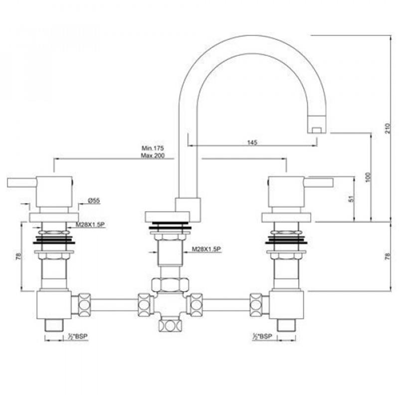 Florentine 3 Hole Basin Mixer without Pop Up Waste, LP 0.3 Specification Diagram