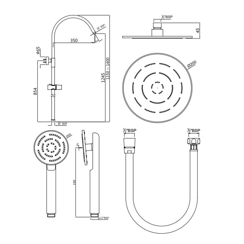 Florentine Thermostatic Shower Mixer with Integrated Diverter and Rigid Riser with Shower Head & Shower Handset Specification Diagram