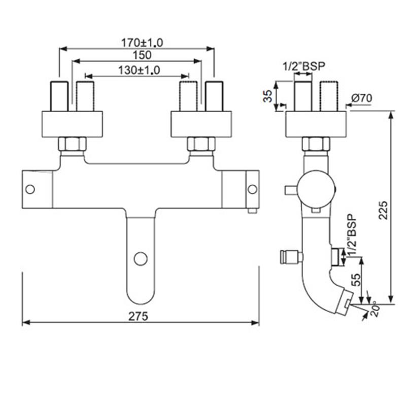 Florentine Thermostatic Bath & Shower Mixer, Wall Mounted, HP 1.0 Specification Drawing