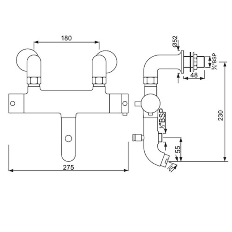 Florentine Thermostatic Bath & Shower Mixer, Deck Mounted, HP 1.0 Specification Diagram