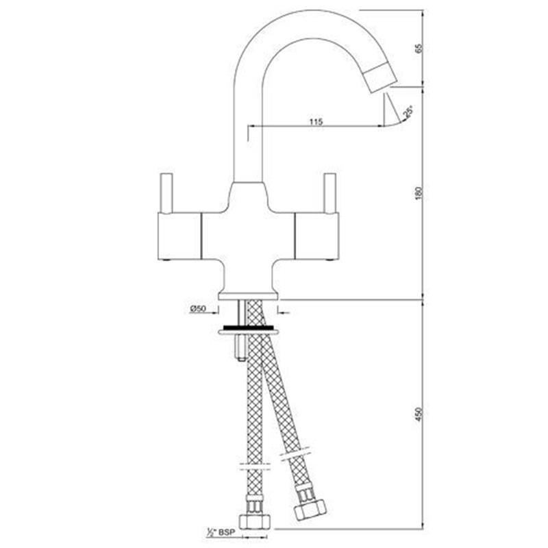 Florentine Monoblock Basin Mixer without Pop Up Waste, with 375mm Long Braided Hoses, LP 0.3 Specification Diagram