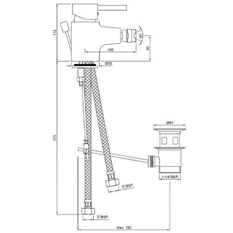 Florentine Single Lever Bidet Mixer with Pop Up Waste & 375mm Long Braided Hoses, HP 1.0 Specification Diagram