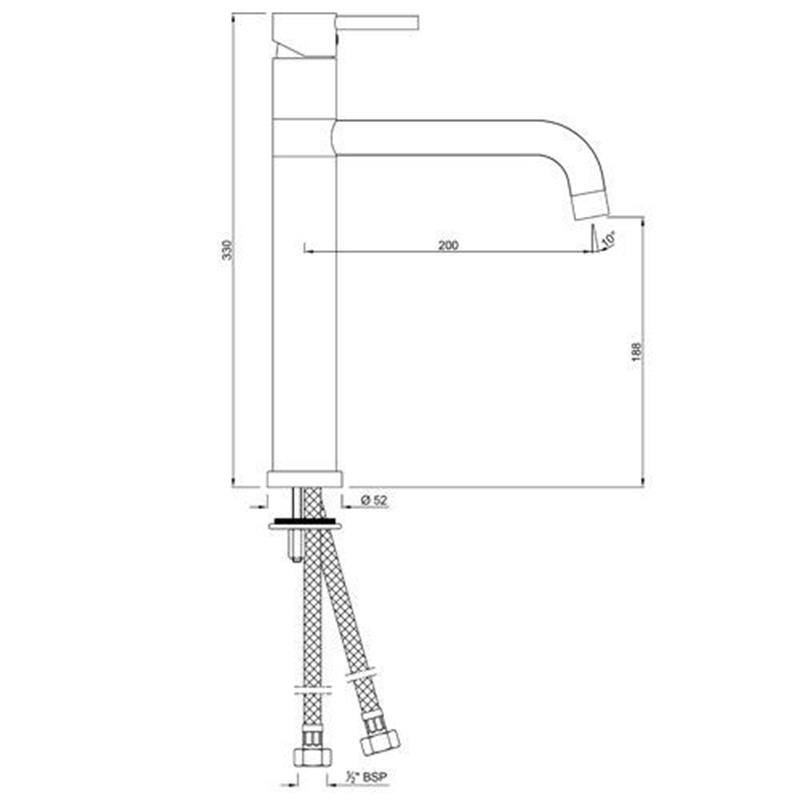 Florentine Single Lever High Neck Basin Mixer (210mm Extension Body) with Swivel Spout & 600mm Long Braided Hoses, HP 1.0 Specification Diagram