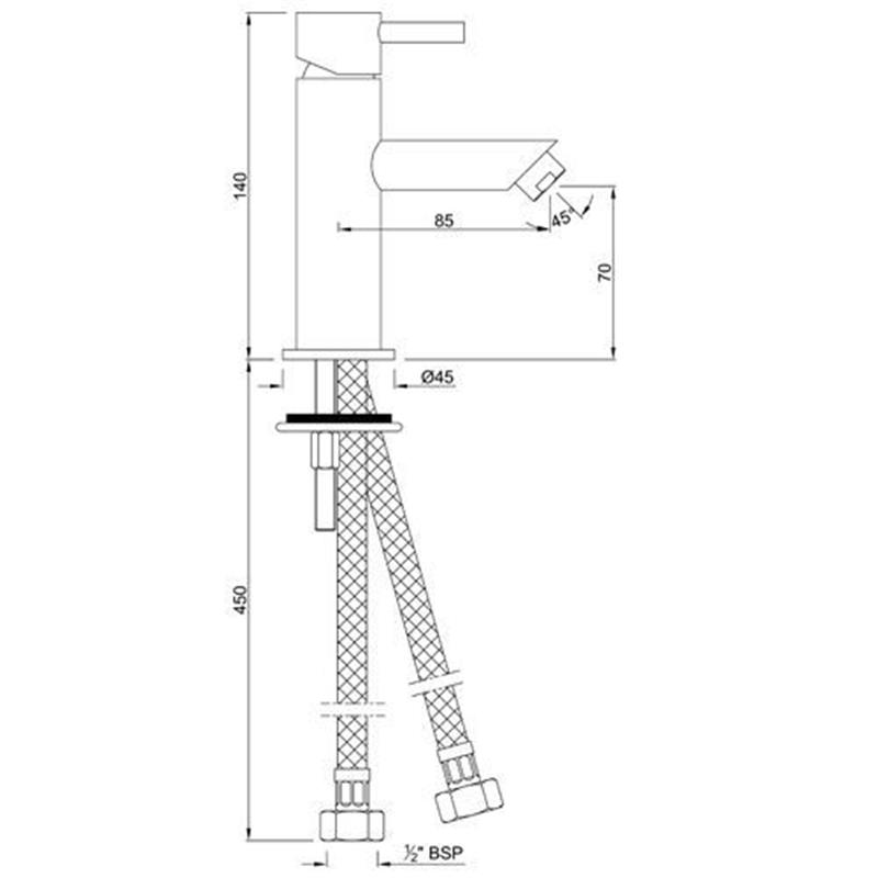 Florentine Single Lever Mini Basin Mixer without Pop Up Waste, with 375mm Long Braided Hoses, HP 1.0 Specification Drawing