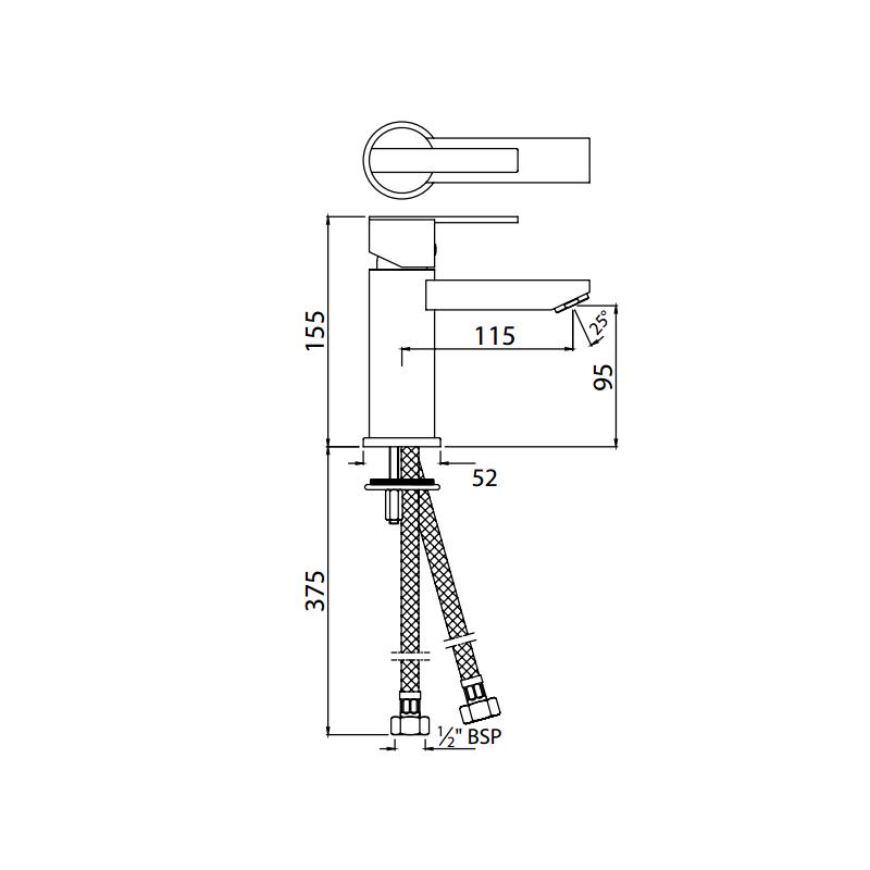 Fonte Single Lever Extended Basin Mixer (Height-95mm) with 375mm Long Braided Hoses & Click Clack Basin Waste, Slotted (ALD-729), HP 1.0 Specification Diagram