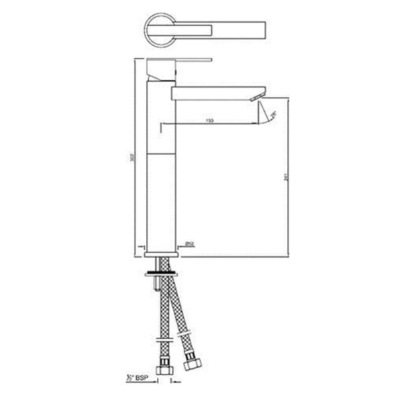 Fonte Single Lever High Neck Basin Mixer (150mm Extension Body) without Popup Waste, with 600mm Long Braided Hoses, HP 1.0 Specification Drawing