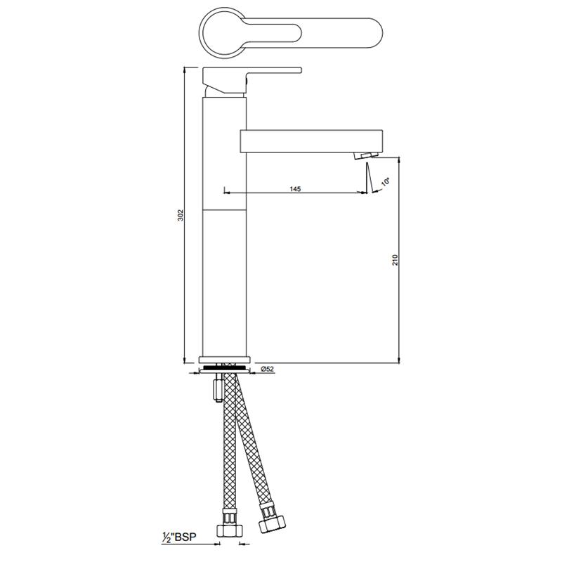 Fusion Single Lever High Neck Basin Mixer (150mm Extension Body)without Popup Waste, with 600mm Long Braided Hoses Specification Diagram