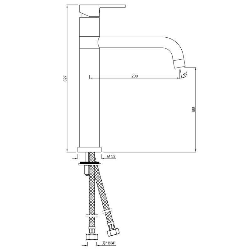 Fusion Single Lever High Neck Basin Mixer (210mm Extension Body) with Swivel Spout & 600mm Long Braided Hoses, HP 1.0 Specification Drawing