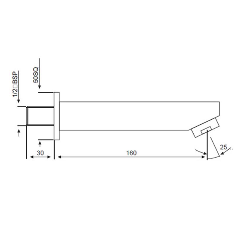 Kubix Bath Spout with Wall Flange Specification Diagram