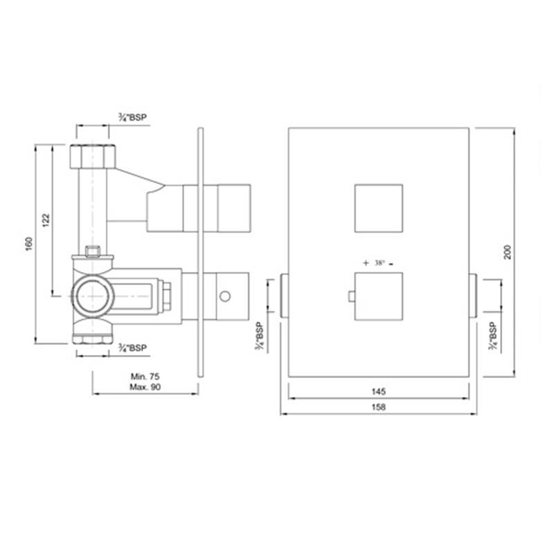 Kubix Thermostatic Concealed Shower Valve 20mm with Built-in Non Return Valves, HP 1.0 Specification Drawing