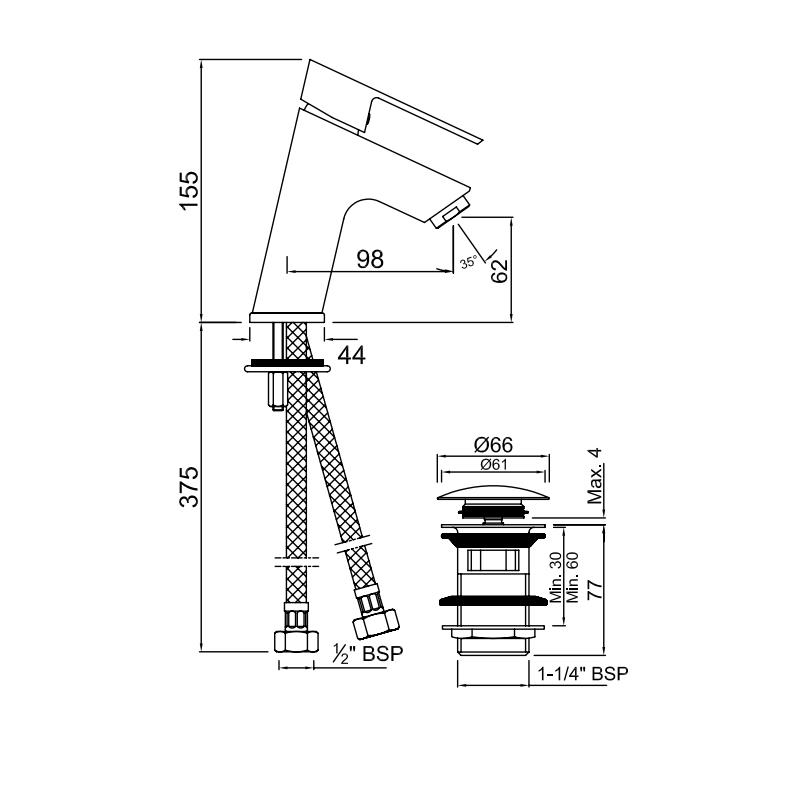 Lyric Angled Standard Basin Mixer with Waste Specification Diagram