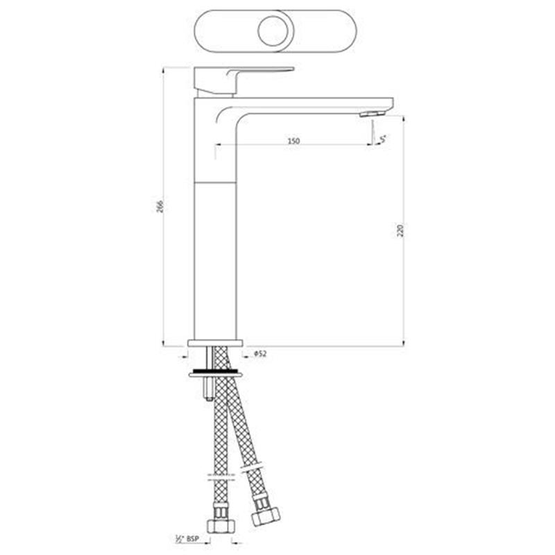 Opnamix Prime Single Lever Extended Basin Mixer with 150mm Extension Body Fixed Spout without waste Specification Diagram