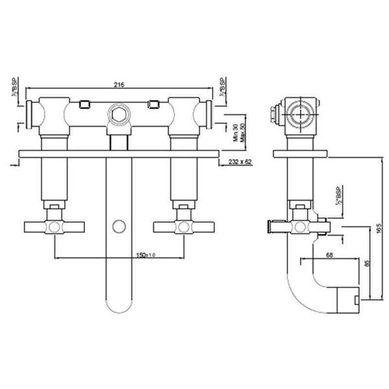 Solo Built-in Two Concealed Stop Valves with Diverter Spout, LP 0.3 Specification Diagram