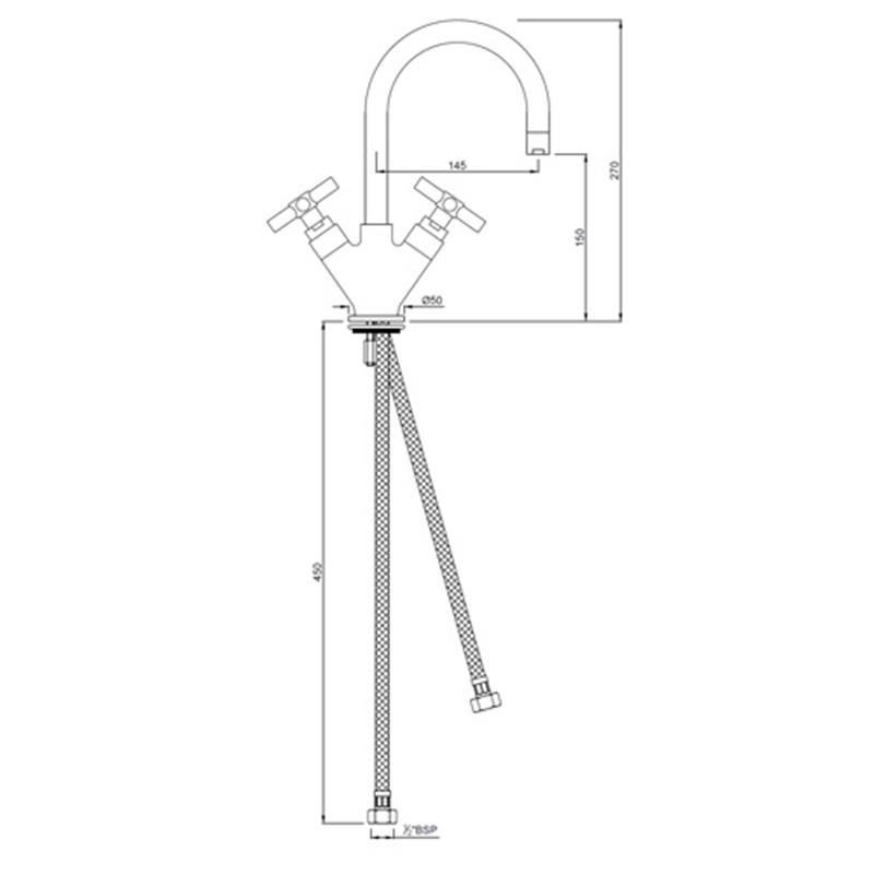 Solo Monoblock Basin Mixer without popup waste, with 375mm Long Braided Hoses, LP 0.3 Specification Drawing