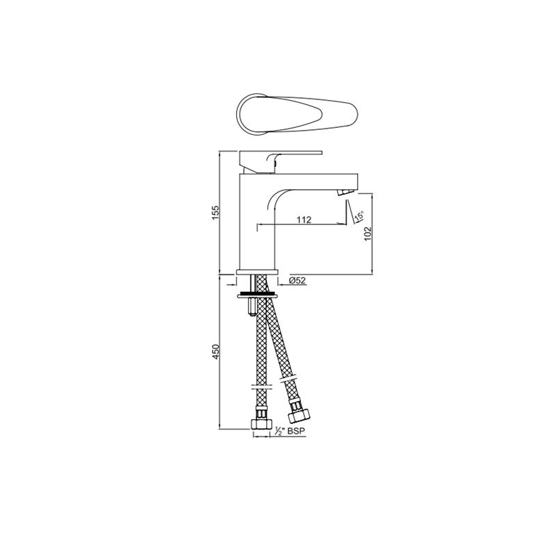 Vignette Prime Single Lever Basin Mixer with 375mm Long Braided Hoses & Click Clack Basin Waste, Slotted (ALD-729), HP 1.0 Specification Diagram