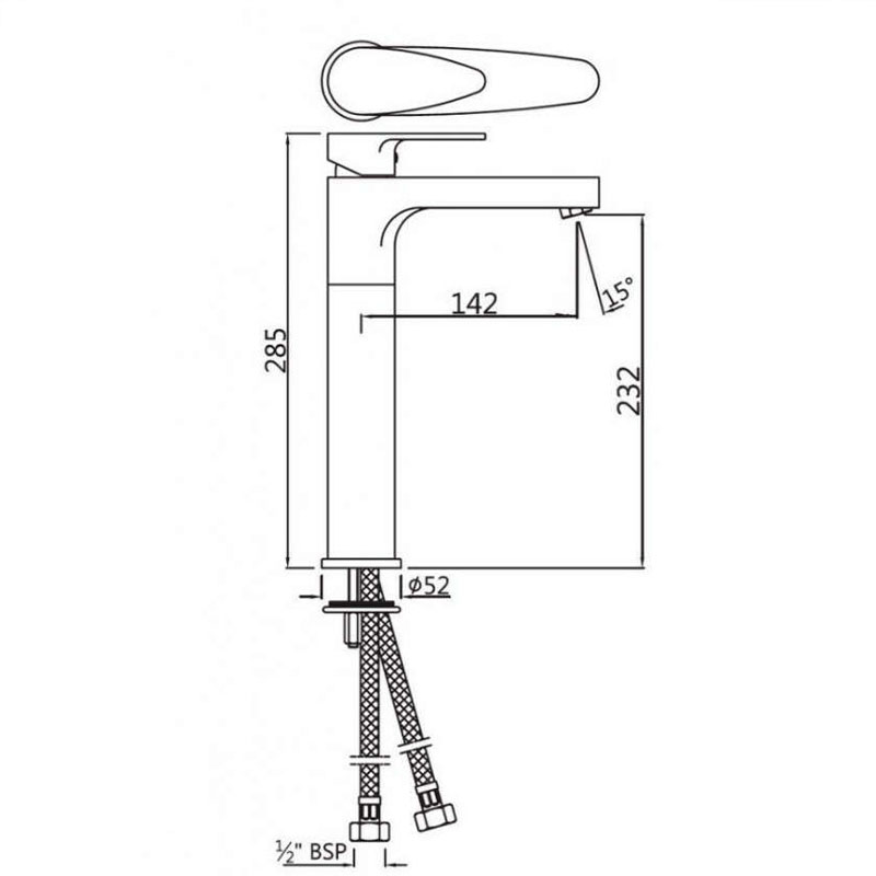 Vignette Prime Single Lever High Neck Basin Mixer (180mm Extension Body) without Popup Waste, with 600mm Long Braided Hoses, HP 1.0 Specification Drawing