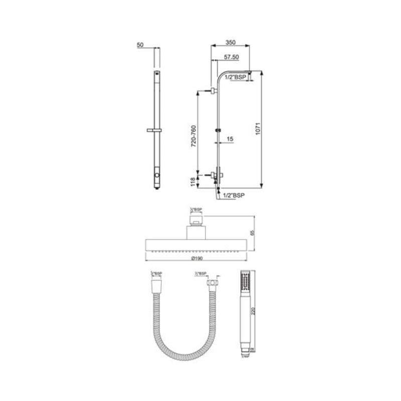 Exposed Shower Pipe Flat Shape Specification Diagram