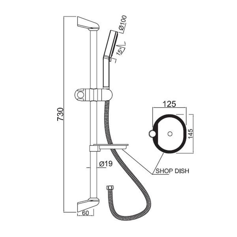 Slide Rail (?24mm & 600mm) with Multifunction Hand Shower (HSH-1939) with 8mm dia 1.5M Long Flexible Hose and soap dish, LP 0.3 Specification Diagram