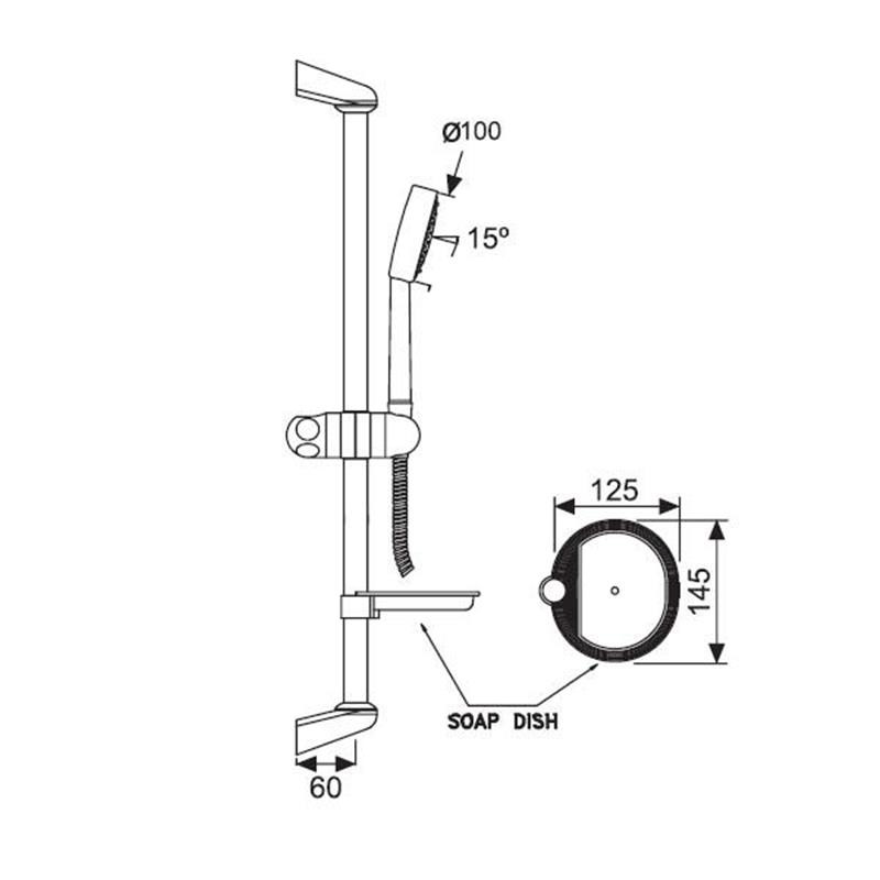 Slide Rail (24mm & 600mm) with Single function Hand Shower, 8mm dia 1.5M Long Flexible Hose and Soap Dish, LP 0.3 Specification Diagram