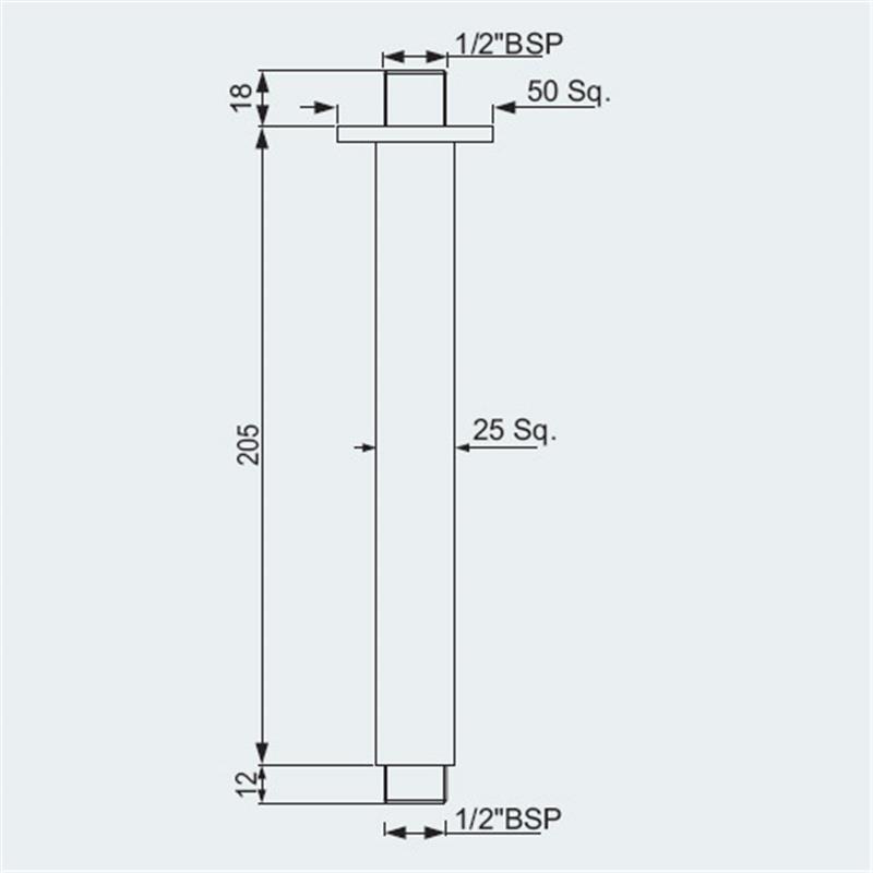 Square Ceiling Shower Arm, 200X25X25mm Specification Diagram