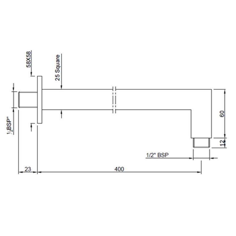 Square Shower Arm, 400X25X25mm Specification Drawing