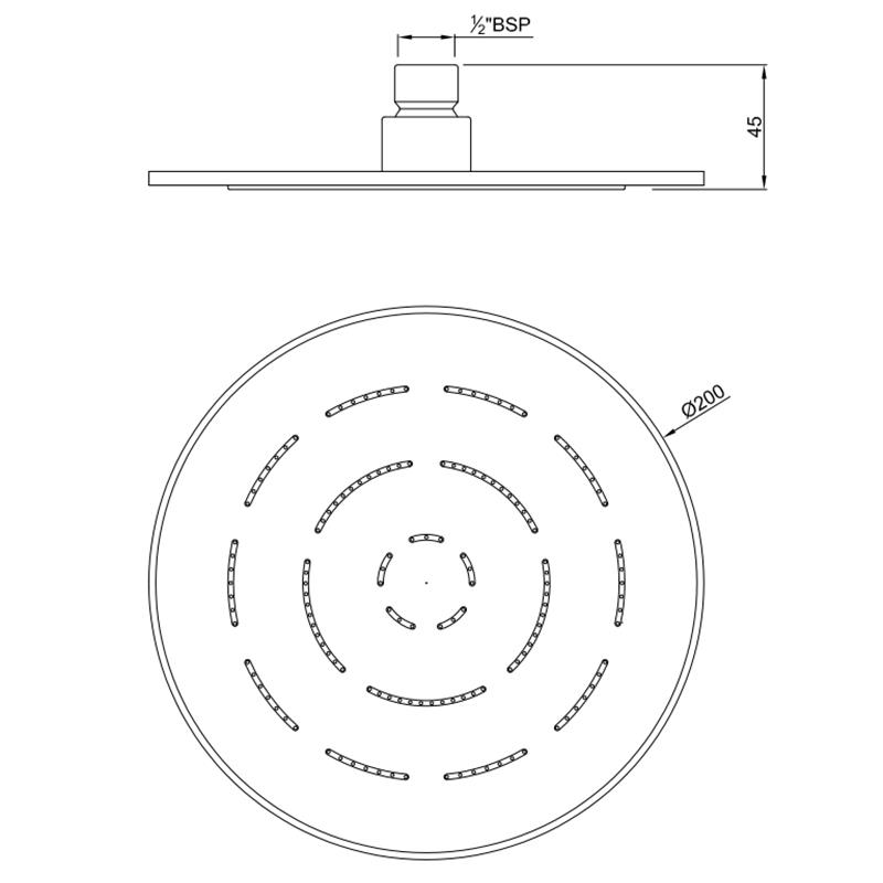 Single Function 200mm dia Round Shape Maze Overhead Shower, Stainless Steel, MP 0.5 Specification Diagram