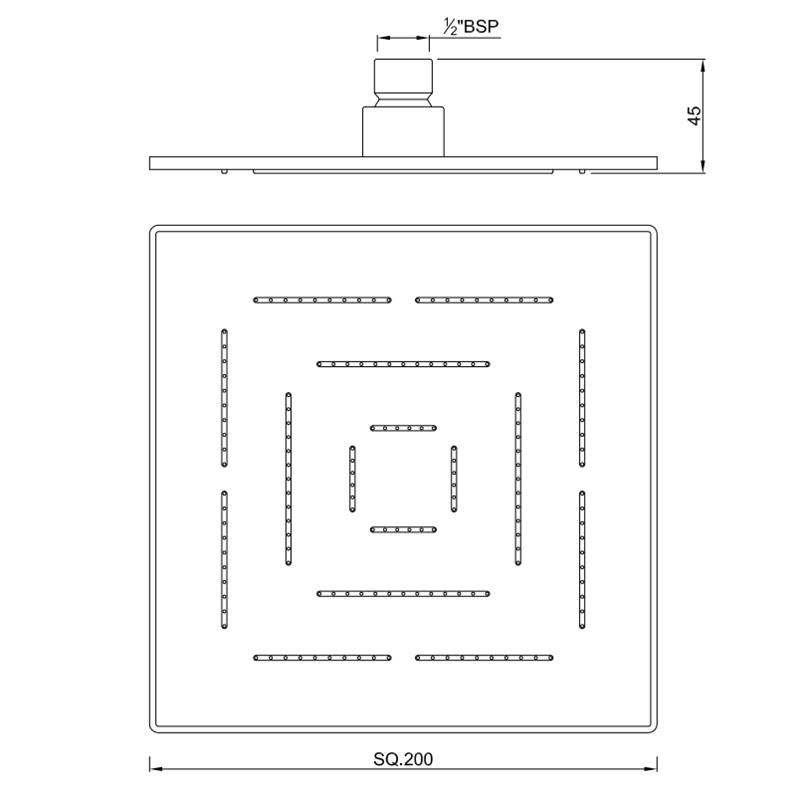 Single Function 200X200mm Square Shape Maze Overhead Shower, Stainless Steel, MP 0.5 Specification Diagram