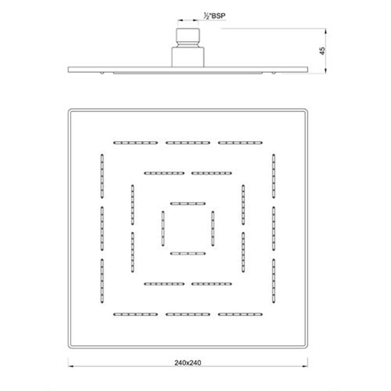 Single Function 240X240mm Square Shape Maze Overhead Shower, Stainless Steel, MP 0.5 Specification Diagram