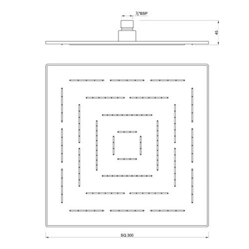 Single Function 300X300mm Maze Square Shape Overhead Shower, Stainless Steel, MP 0.5 Specification Diagram