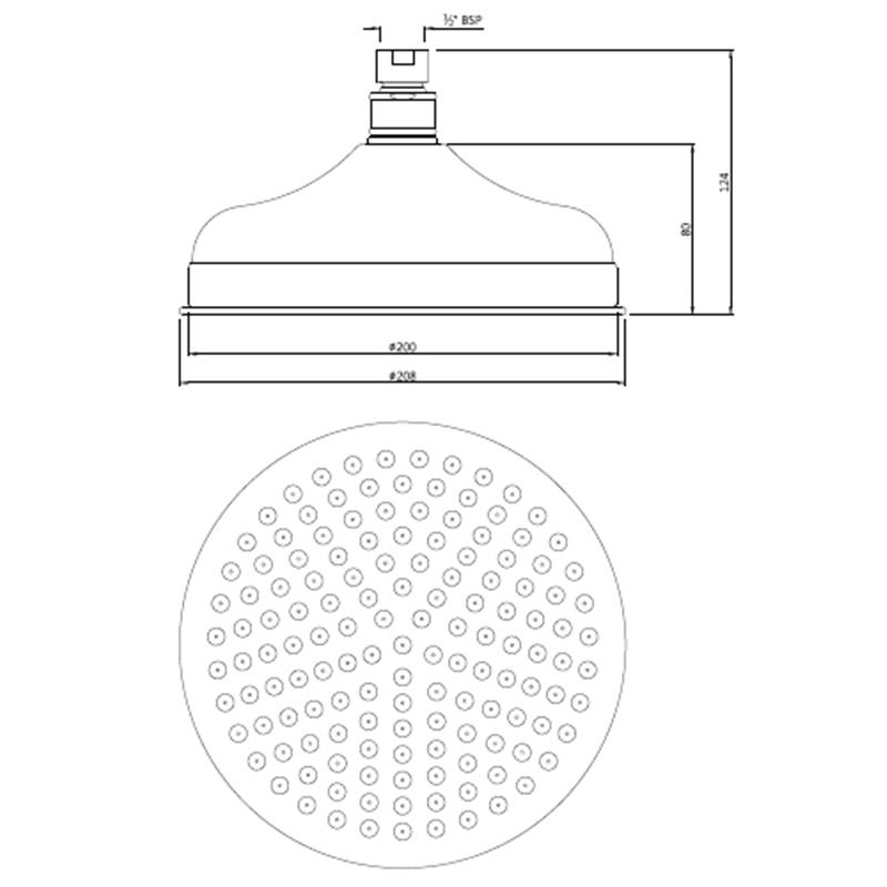 Victorian Shower Head Round 200mm Diameter, Brass, MP 0.5 Specification Diagram