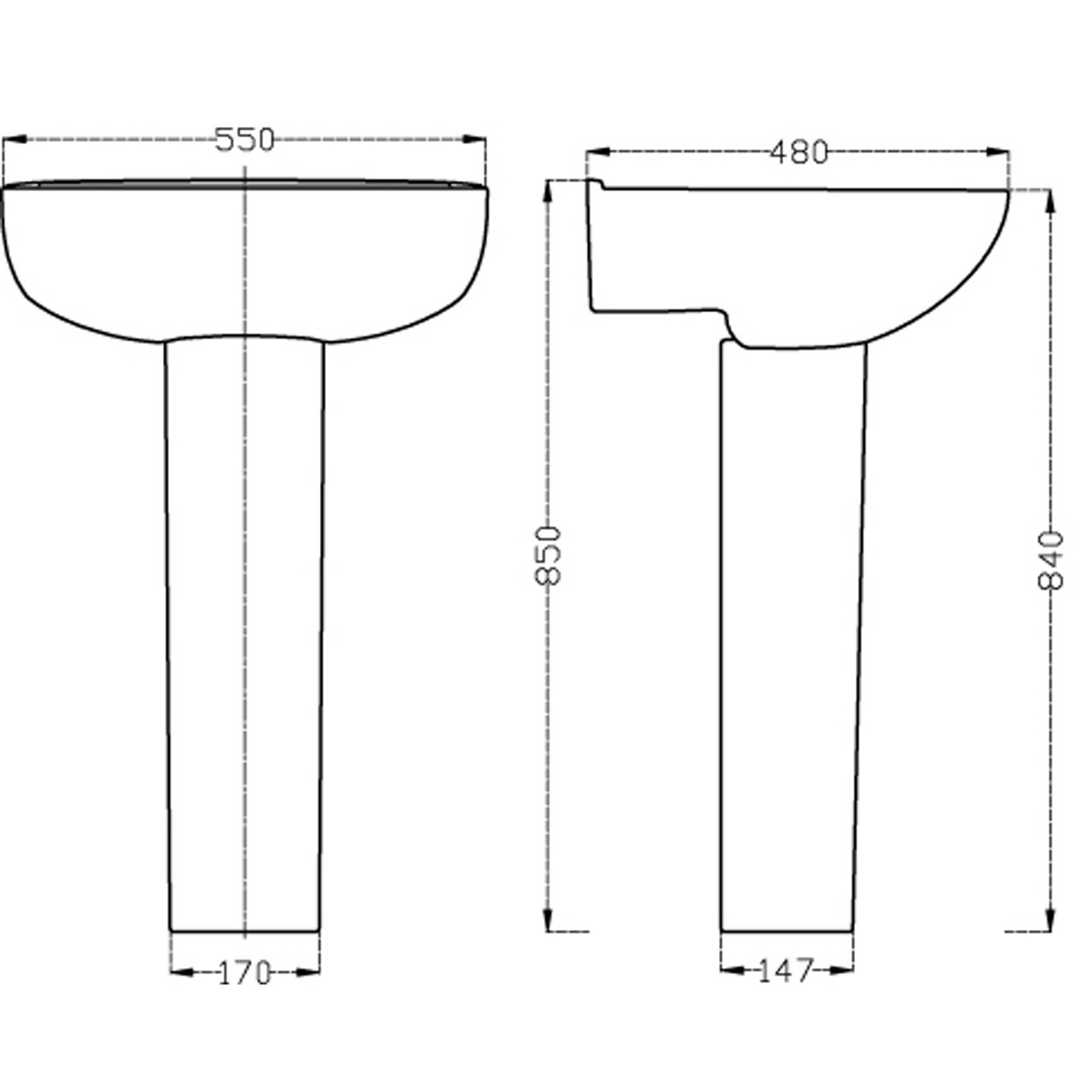 Lawton 550mm Ceramic Basin And Pedastal Specification Diagram