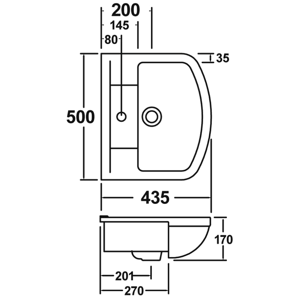 White Harmony 500mm Semi Recessed Basin Specification Diagram