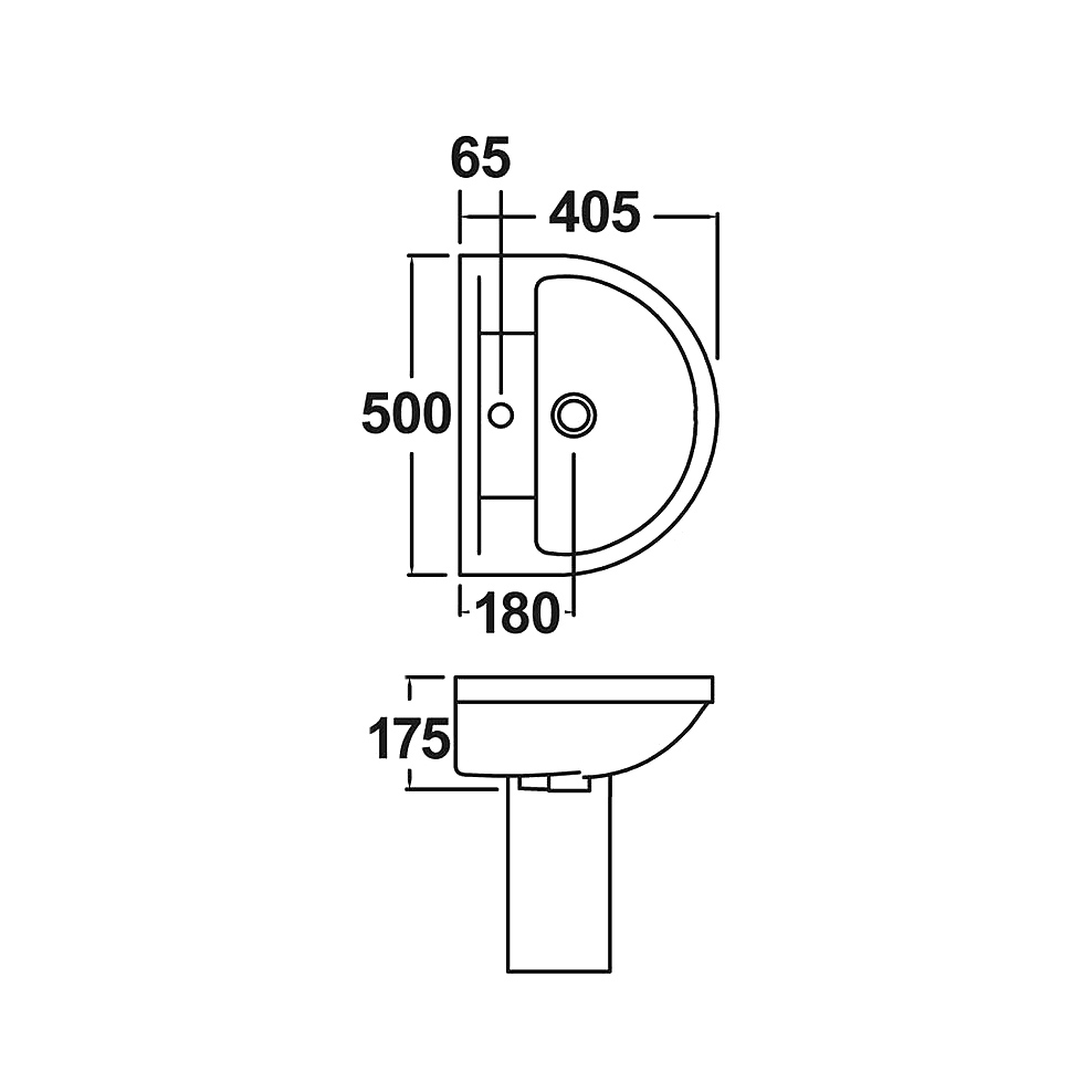 Harmony 500mm Ceramic Bathroom Basin And Semi Pedastal Specification Diagram