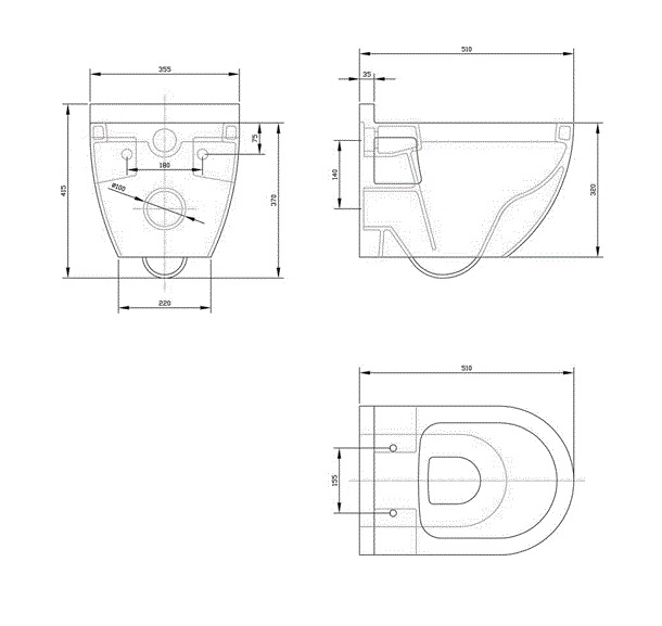 White Marlow Wall Hung Toilet and Soft Close Seat Specification Diagram