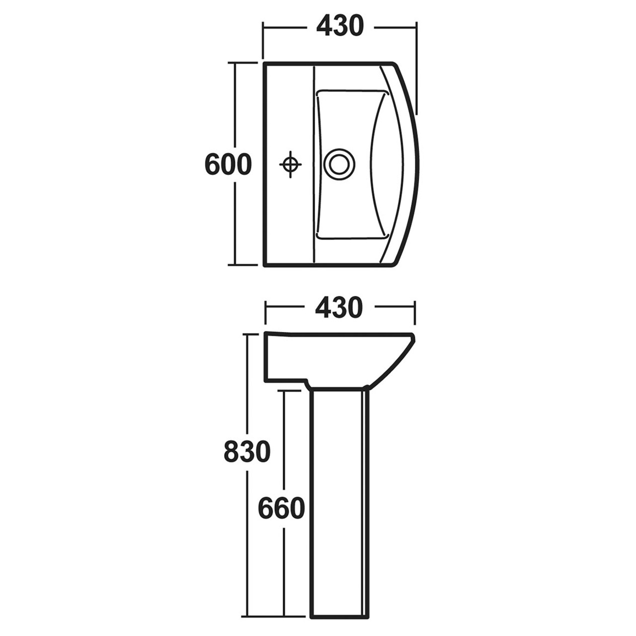 Asselby 600 Ceramic Bathroom Basin and Full Pedestal Specification Diagram