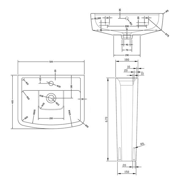 Bliss 520mm Ceramic Bathroom Wash Basin And Full Pedestal Specification Diagram