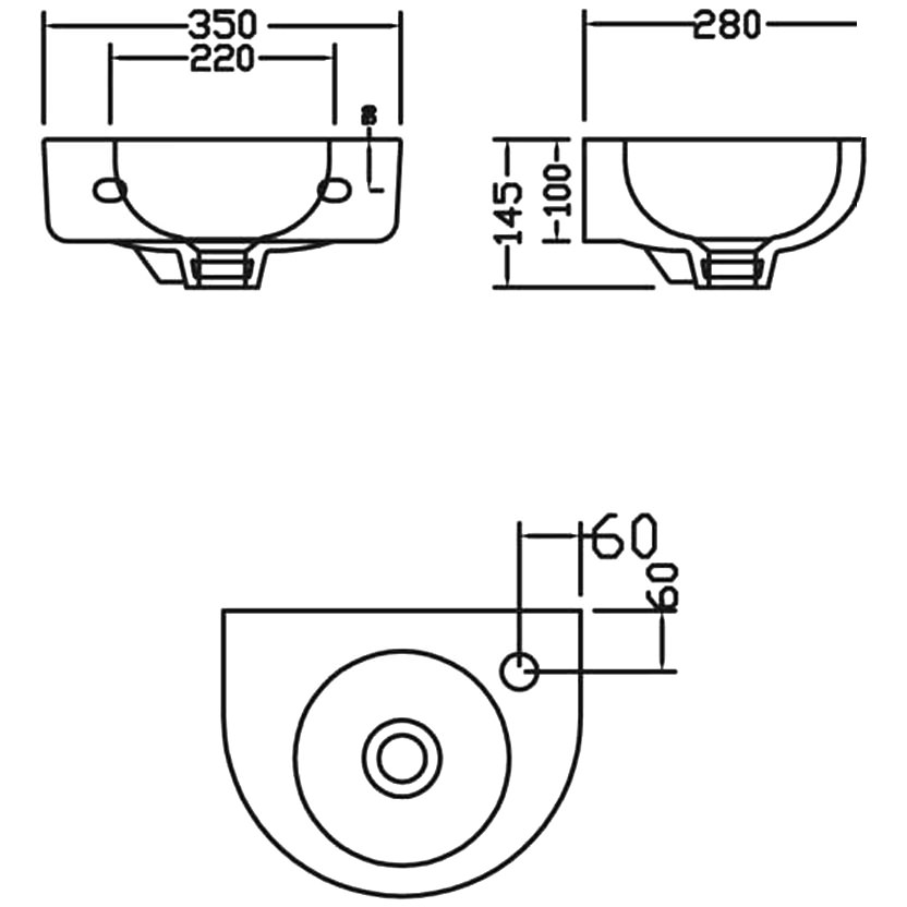 Brisbane Round Wall Hung Wash Basin Specification Diagram