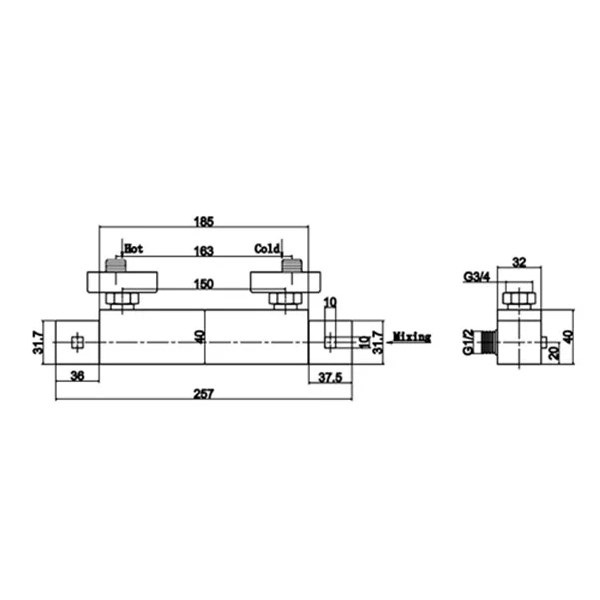 Chrome Square Thermo Bar Valve Bottom Outlet Specification Diagram