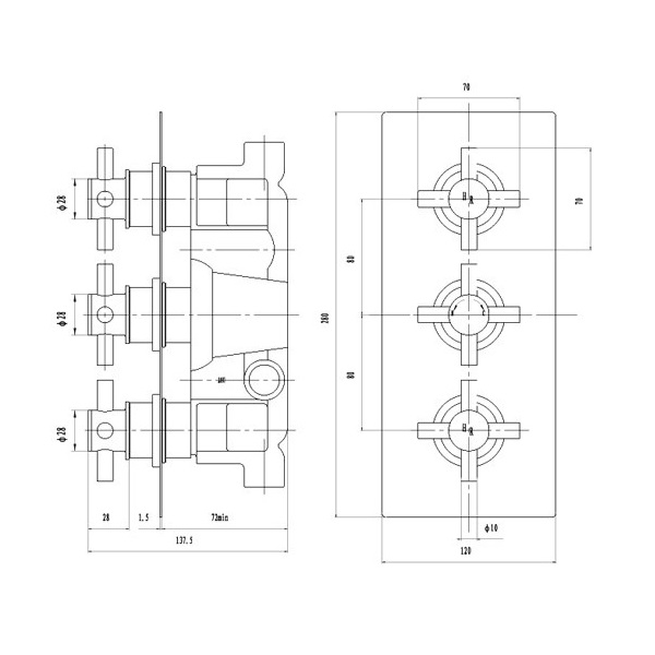 Chrome Tec Xhead Thermo Triple Valve with Diverter Specification Diagram