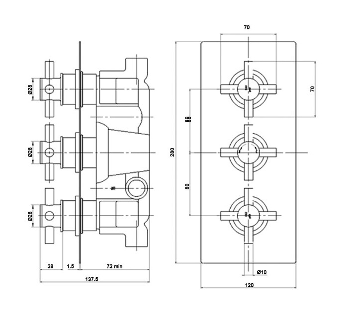 Chrome Tec Xhead Thermo Triple Valve Specification Diagram