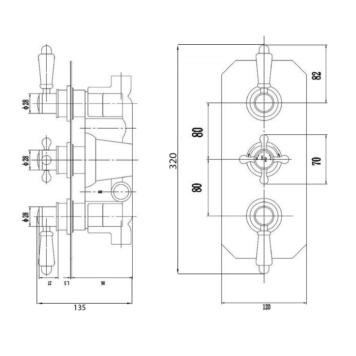 Chrome Topaz Thermo Triple Concealed Valve Specification Diagram