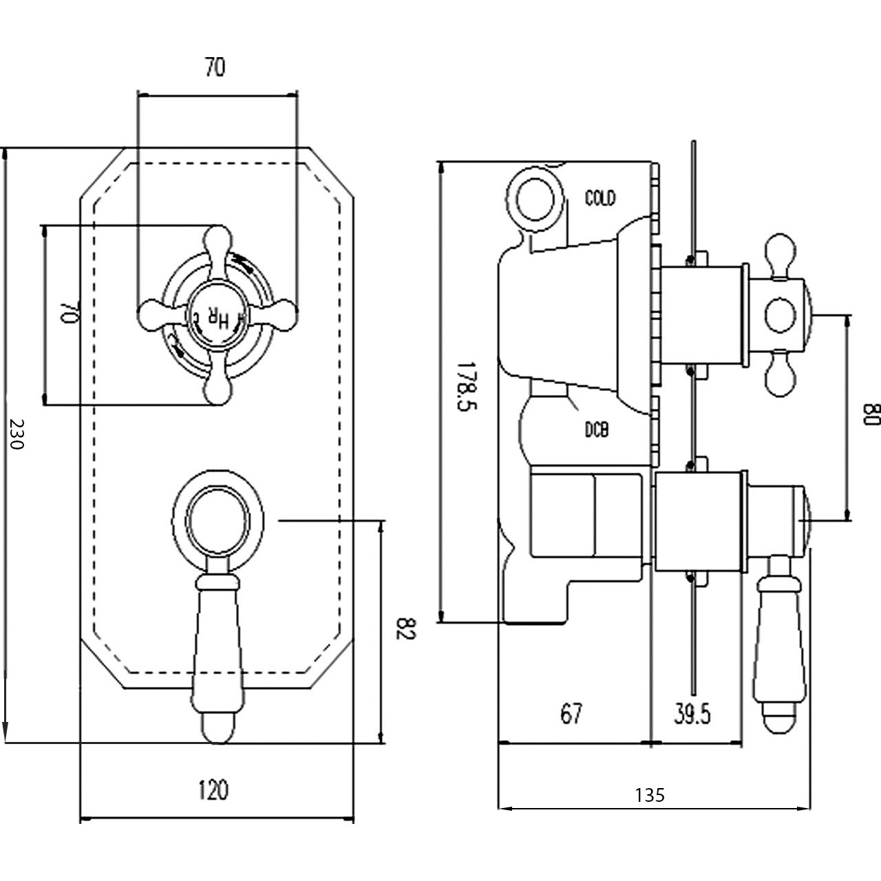 Topaz Twin Concealed Shower Valve with Diverter Specification Diagram