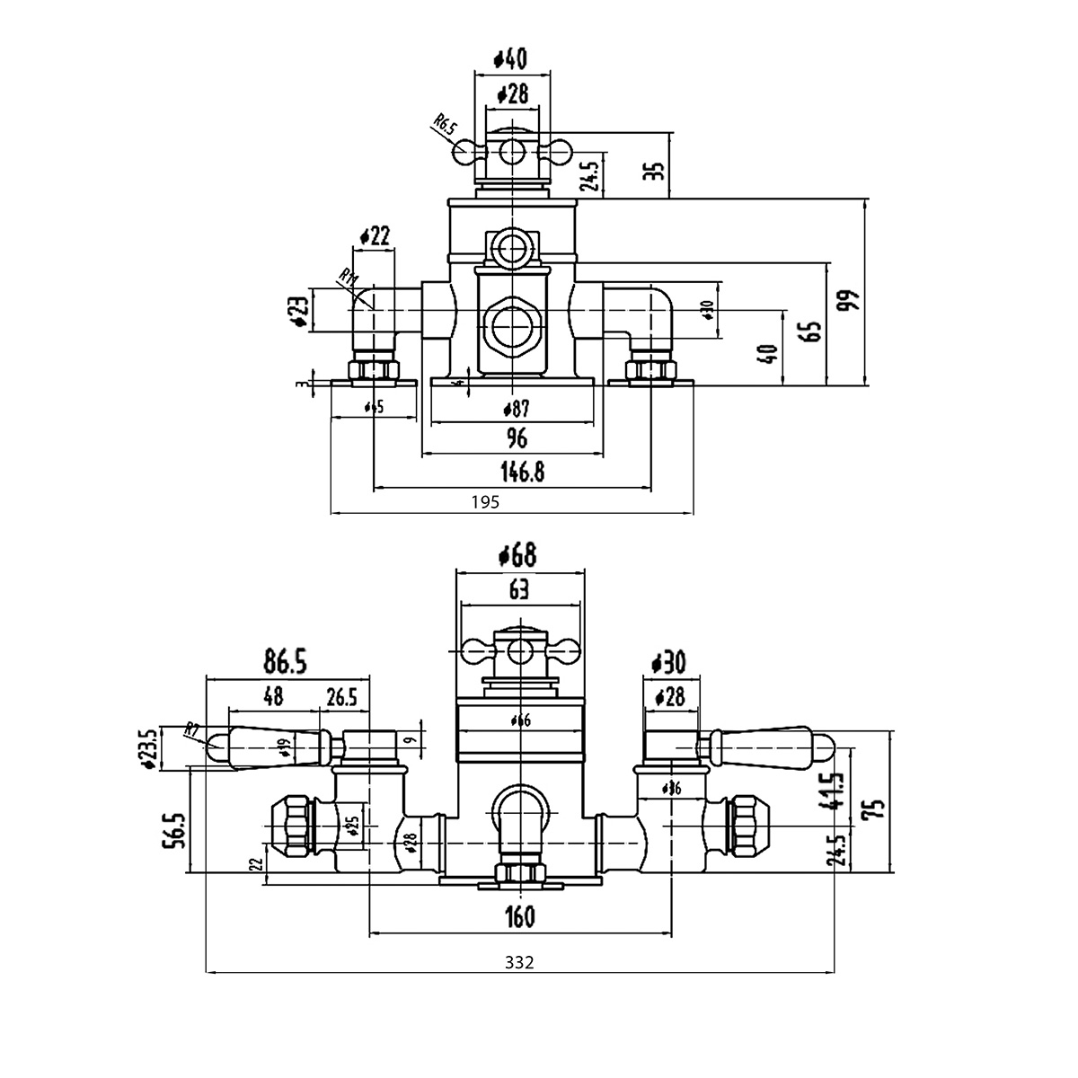 Chrome Topaz Thermo Triple Exposed Valve Specification Diagram