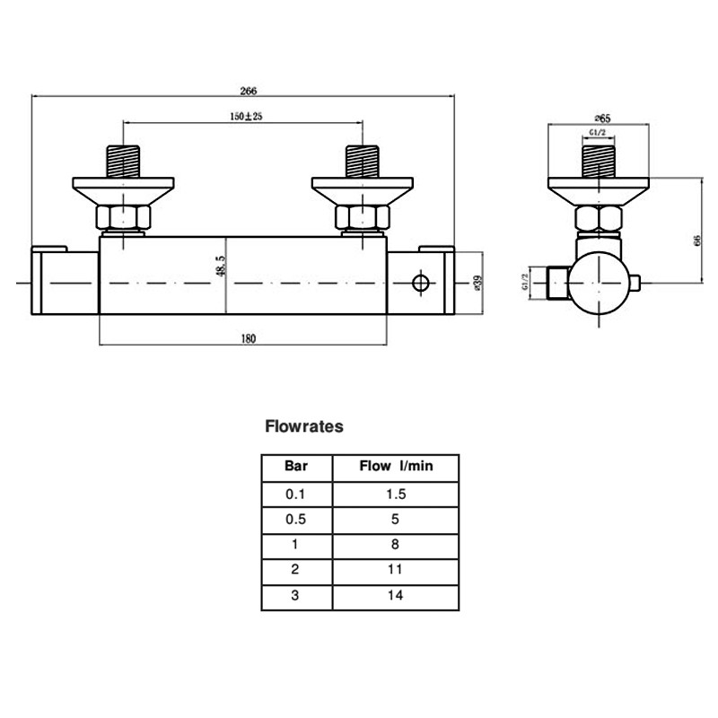 Chrome ABS Thermostatic Bar Valve Bottom Outlet Specification Diagram