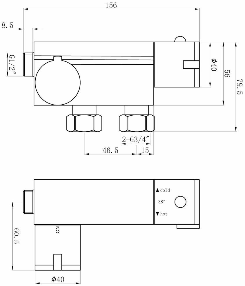 Chrome Vertical Thermostatic Shower Bar Valve Specification Diagram